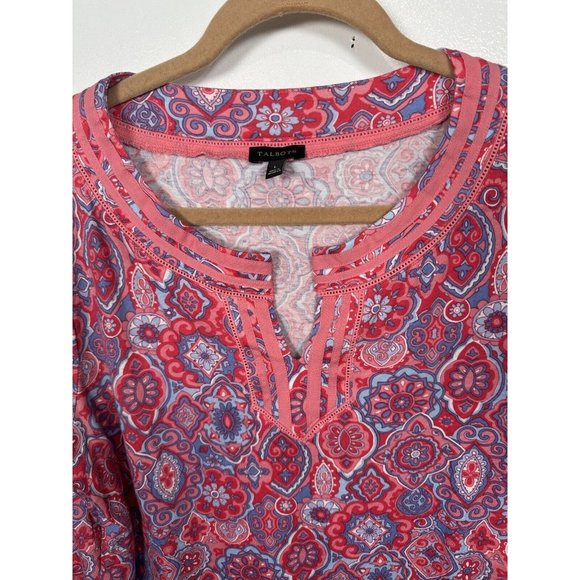 Talbots Large Womens Tunic Top Pink Colorful 3/4 Sleeve Cotton Modal Split VNeck - Picture 3 of 9